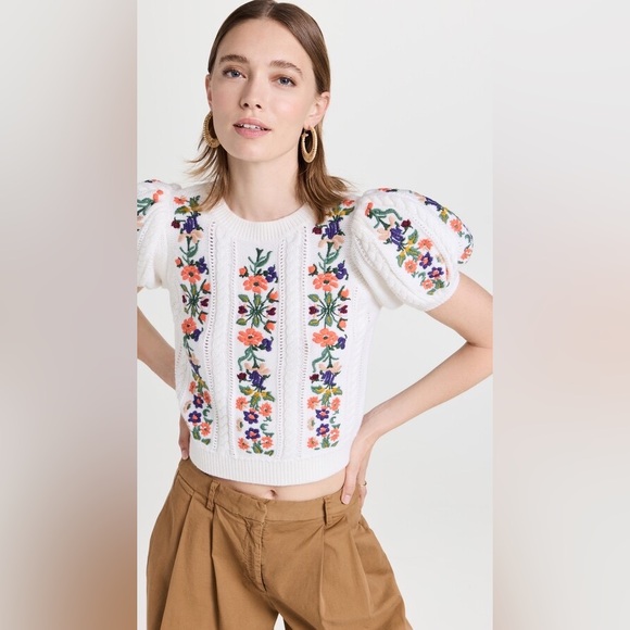 NWT Alice And Olivia Daren Embroidered Cable-knit Wool-blend Sweater In White